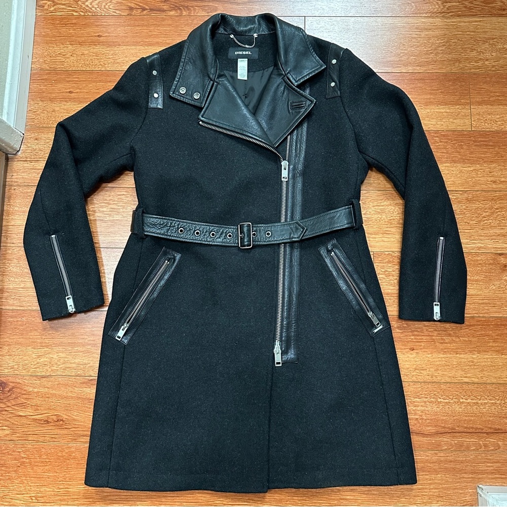 Diesel Suelo Overcoat Wool & Leather Moto Jacket - Size medium
